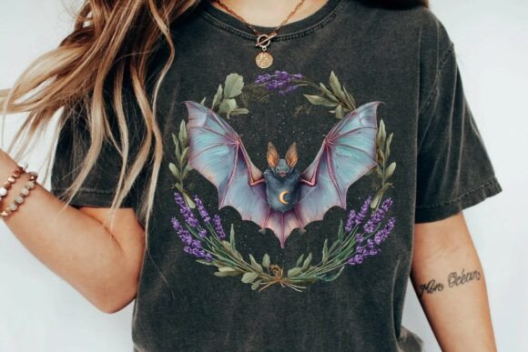 Download Mystical Bat with Crescent Moon and Lavender Floral Wreath Gothic Illustration Png - Illustration Collection